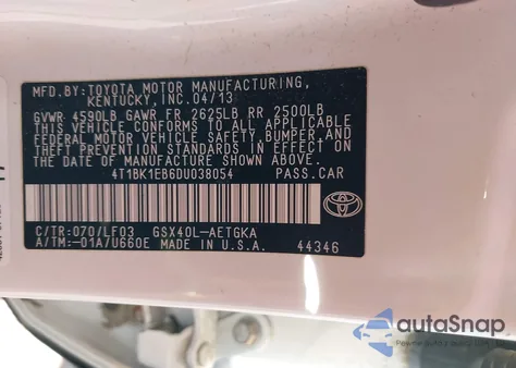 2013 Toyota Avalon Xle Premium from USA, damaged, VIN 4T1BK1EB6DU038054